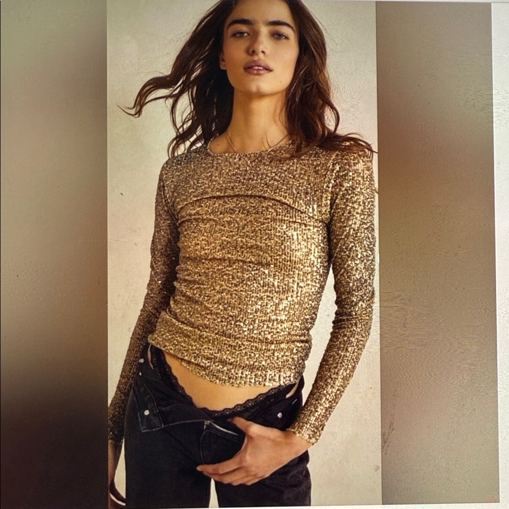 Free People Intimately Gold Rush Long SleeveTop XS